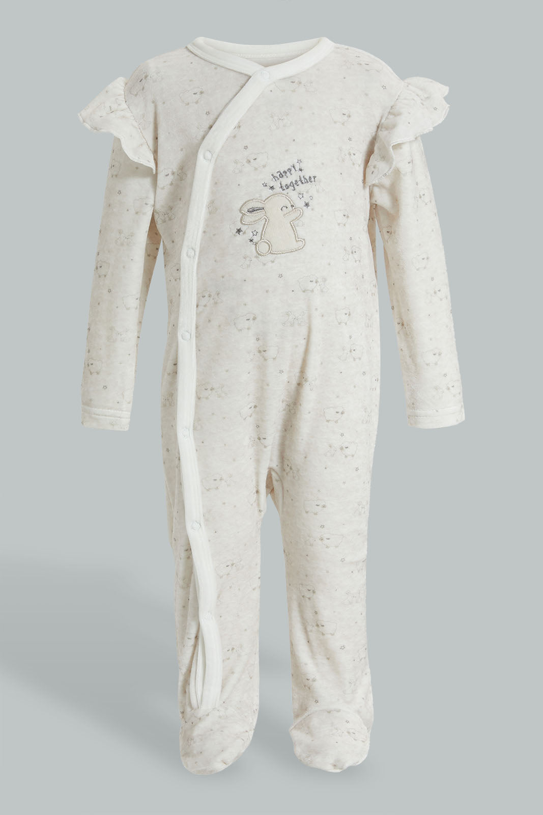 Redtag-White-Bunny-Veloure-Printed-Sleep-Suit-Sleepsuits-Baby-0 to 12 Months
