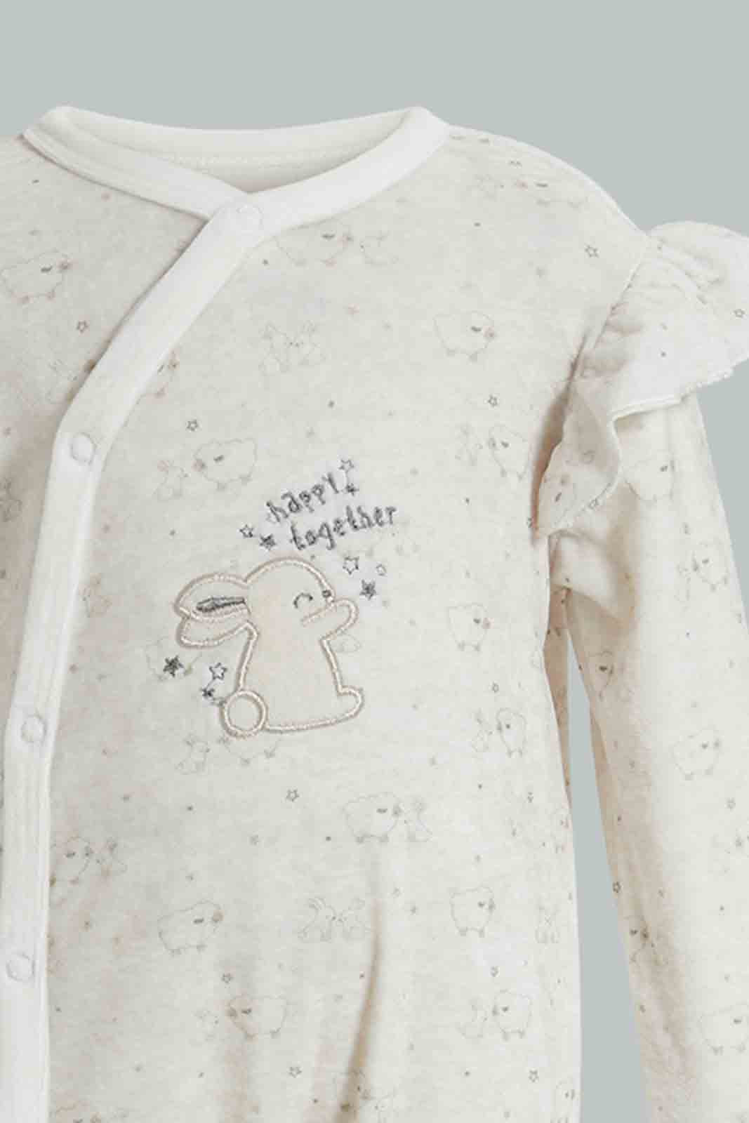 Redtag-White-Bunny-Veloure-Printed-Sleep-Suit-Sleepsuits-Baby-0 to 12 Months