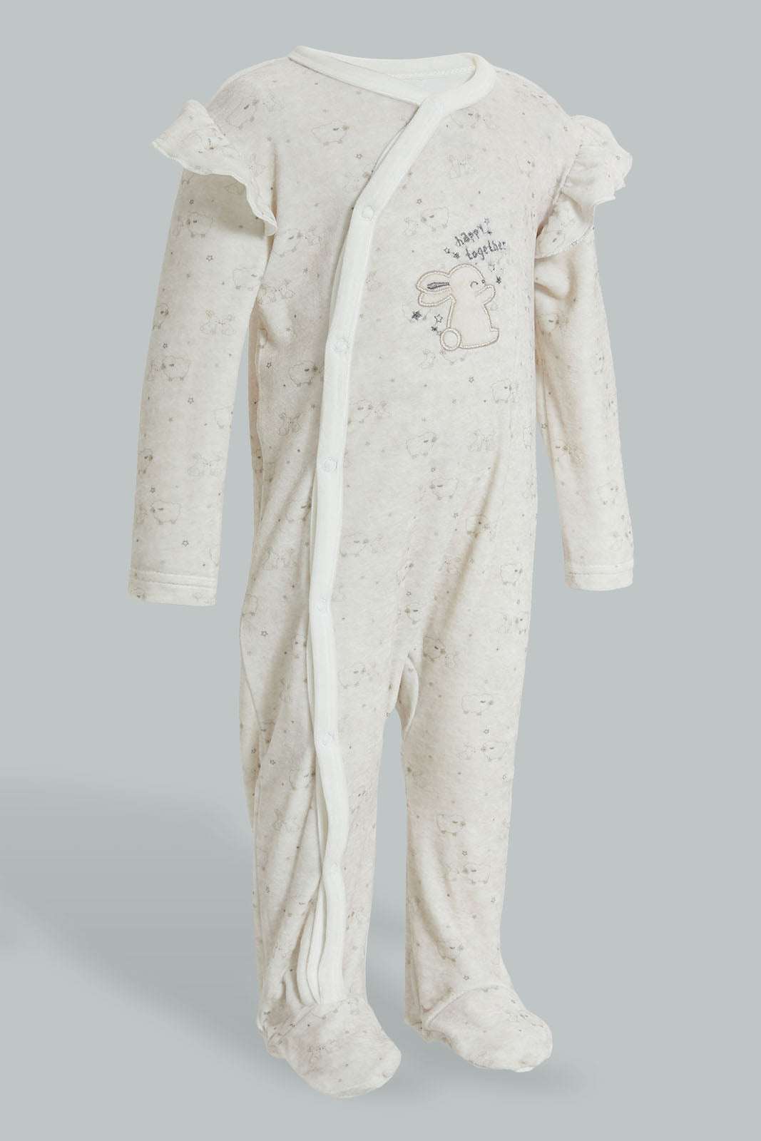 Redtag-White-Bunny-Veloure-Printed-Sleep-Suit-Sleepsuits-Baby-0 to 12 Months