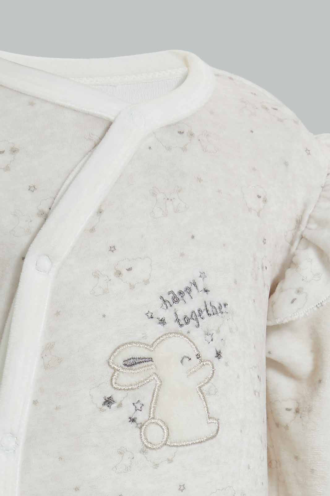 Redtag-White-Bunny-Veloure-Printed-Sleep-Suit-Sleepsuits-Baby-0 to 12 Months
