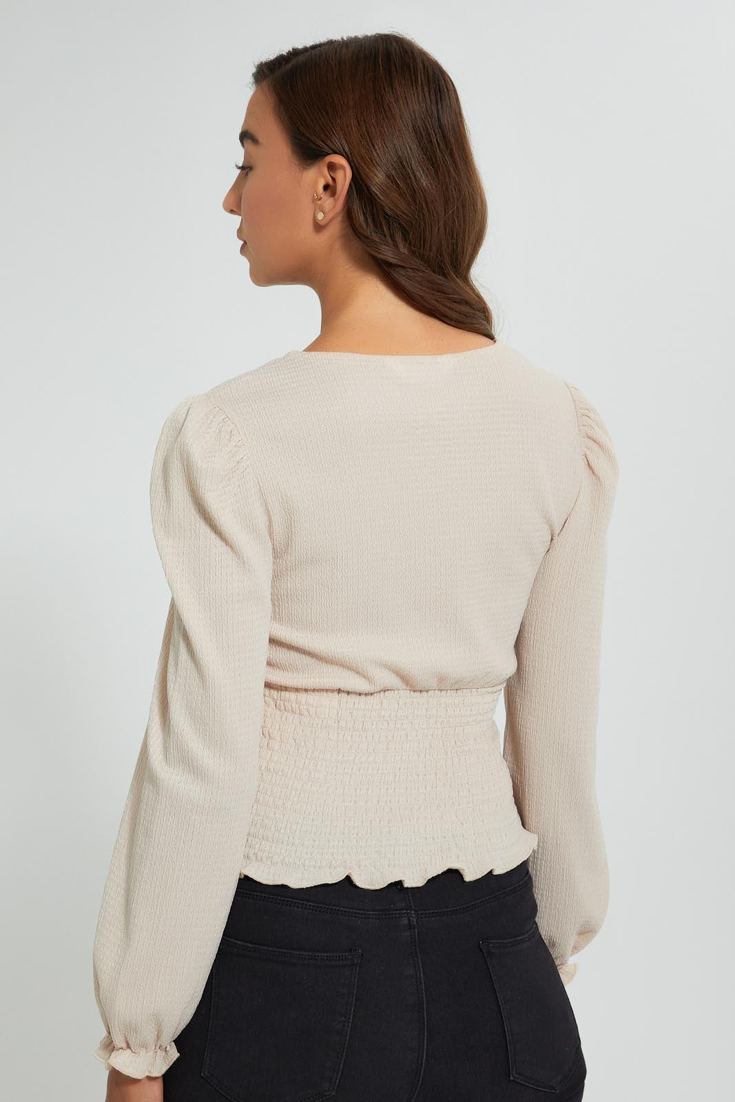 Redtag-Beige-Button-Front-Shirred-Waist-Top-Tops-Women's-0