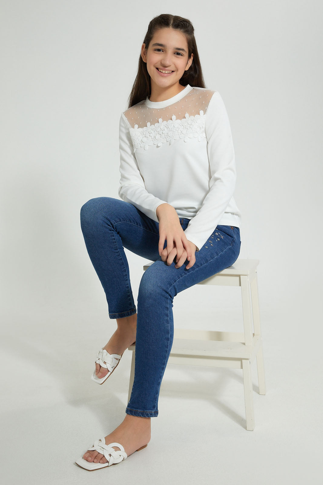 Redtag-White-L/S-Lace-Top-Long-Sleeves-Senior-Girls-9 to 14 Years