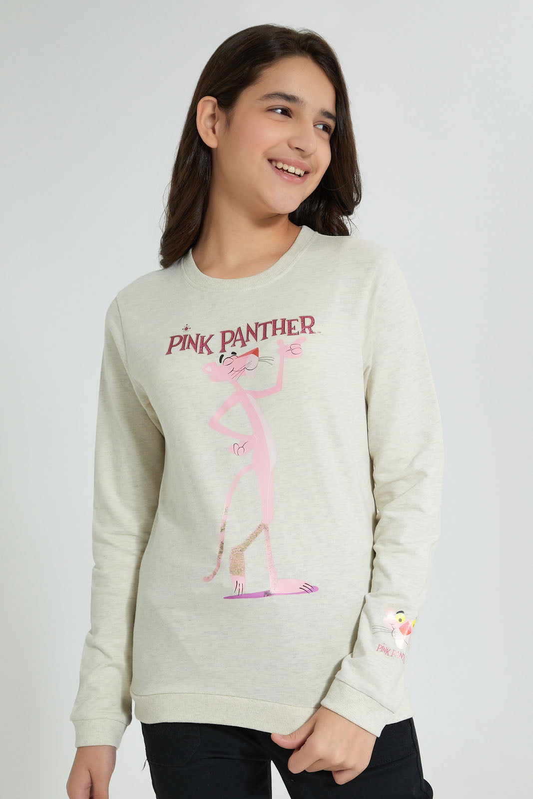 Redtag-Beige-Pink-Panther-SweaT-Shirts-Active-Sweatshirts-Senior-Girls-9 to 14 Years