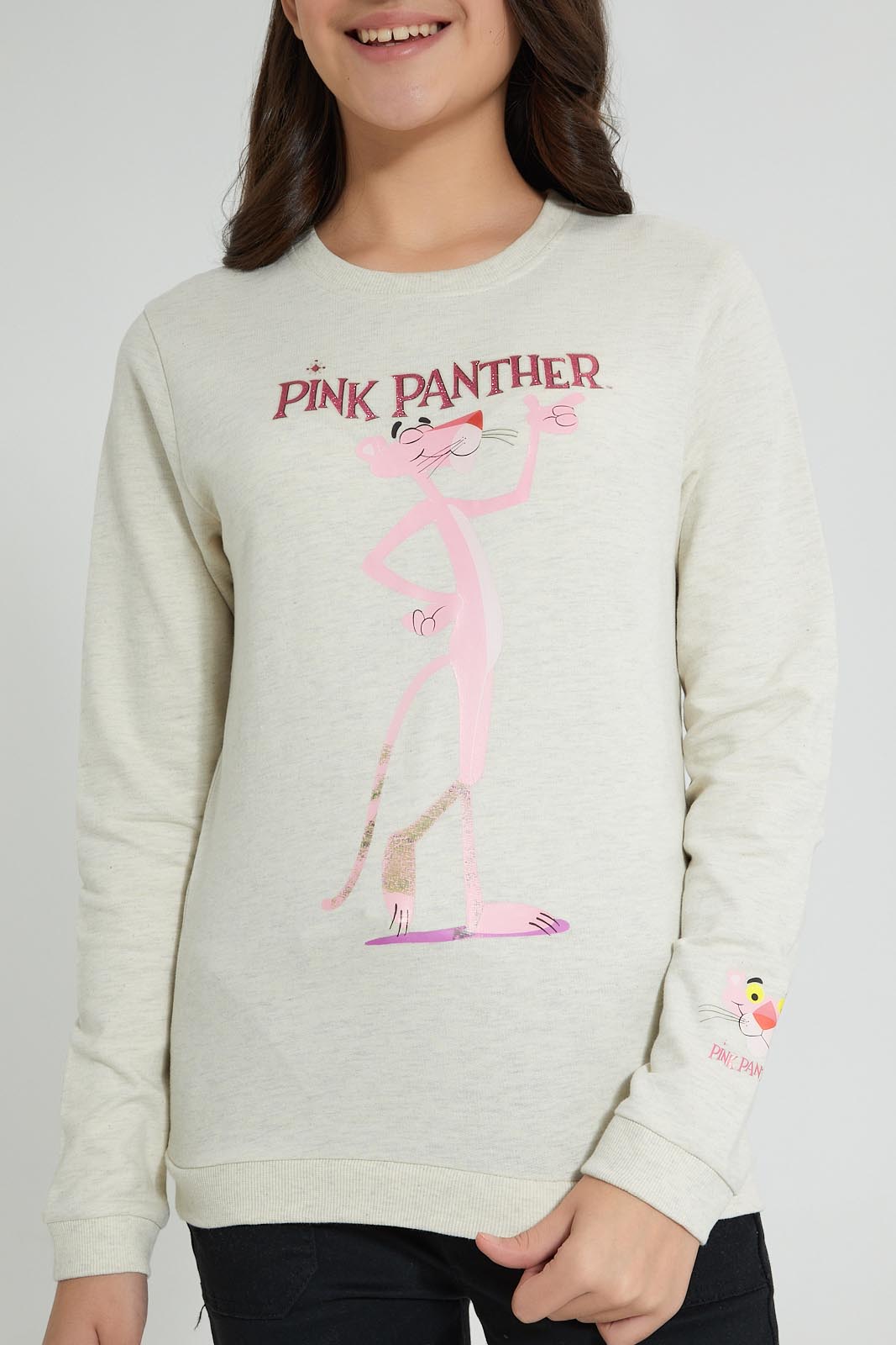 Redtag-Beige-Pink-Panther-SweaT-Shirts-Active-Sweatshirts-Senior-Girls-9 to 14 Years