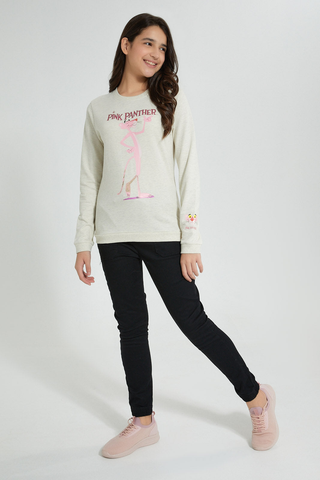 Redtag-Beige-Pink-Panther-SweaT-Shirts-Active-Sweatshirts-Senior-Girls-9 to 14 Years