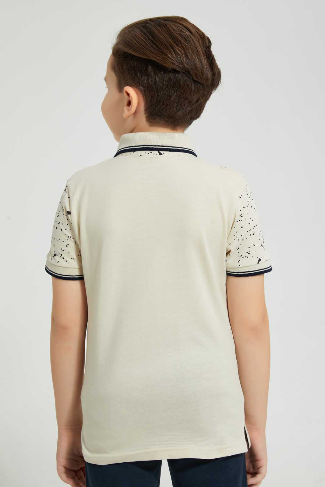 Redtag-Beige-Splat-Print-Cut-&-Sew-Polo-Polo-Shirts-Boys-2 to 8 Years