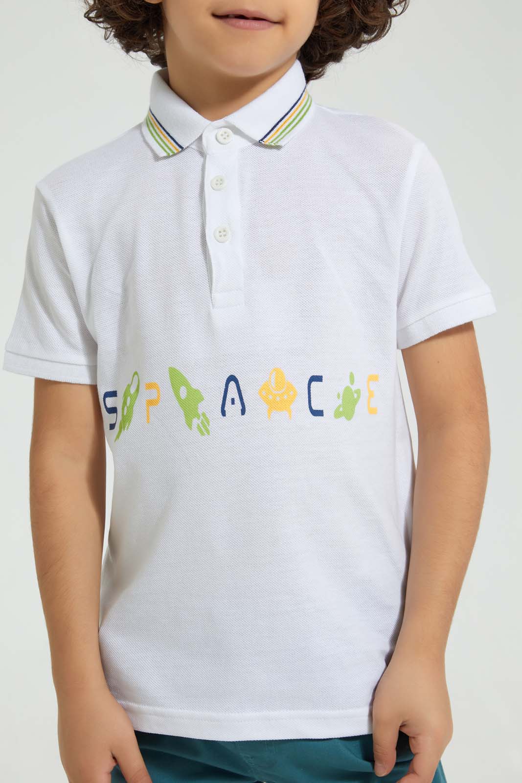 Redtag-White-Print-Polo-With-Tipping-Collar-Polo-Shirts-Boys-2 to 8 Years