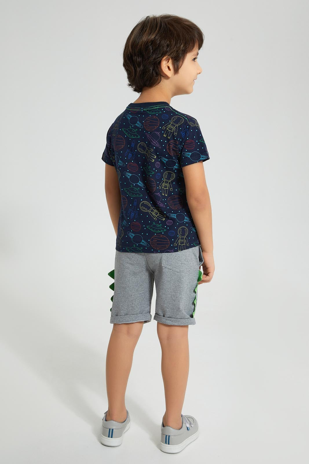 Redtag-Navy-Space-Printed-T-Shirt-And-Shorts-Set-Sets-Boys-2 to 8 Years