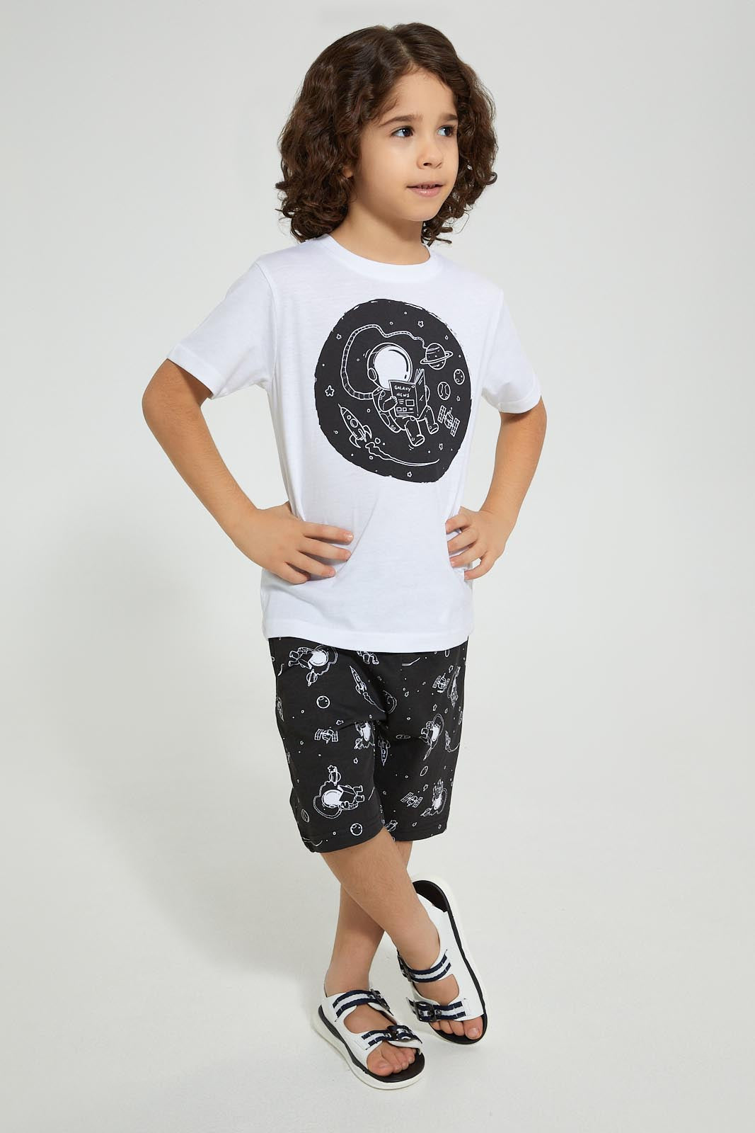 Redtag-White-Astronaut-Print-T-Shirt-And-Shorts-Set-Sets-Boys-2 to 8 Years