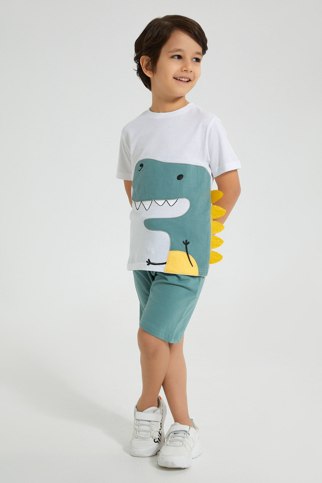 Redtag-White-Dino-Applique-T-Shirt-And-Shorts-Set-Sets-Boys-2 to 8 Years