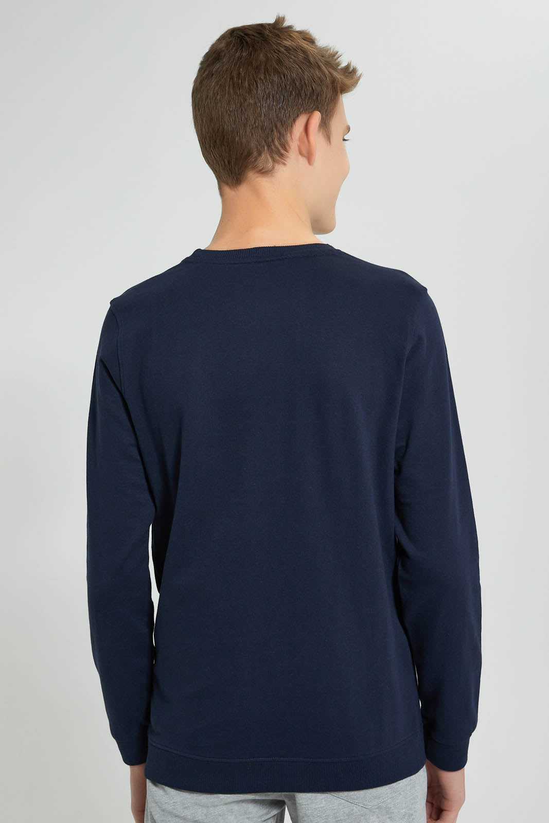 Redtag-Navy-Plain-Sweat-T-Shirt-Long-Sleeves-Senior-Boys-9 to 14 Years