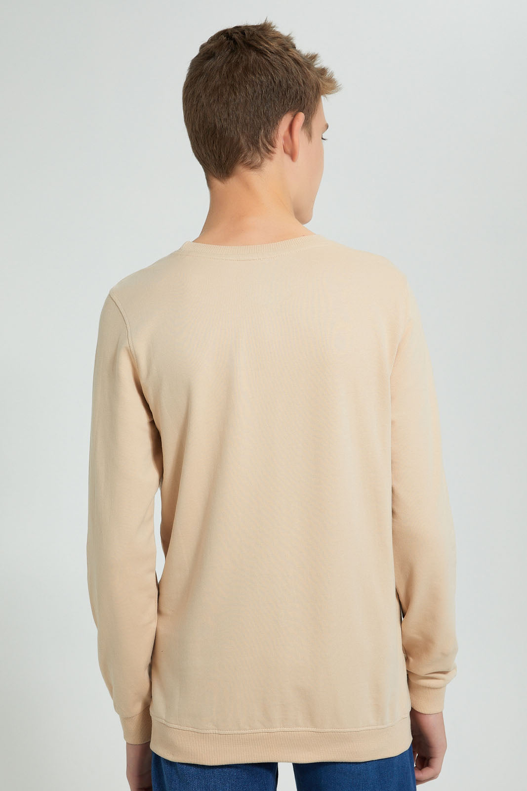 Redtag-Beige-Plain-Sweat-T-Shirt-Long-Sleeves-Senior-Boys-9 to 14 Years