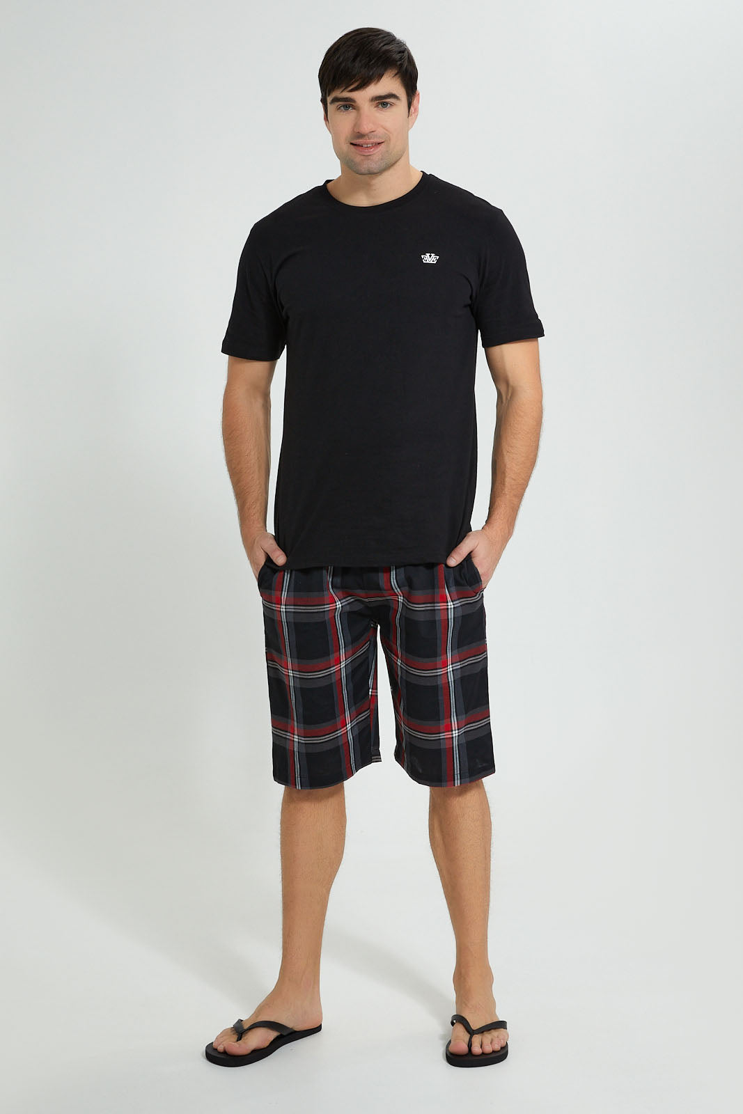 Redtag-White-T-Shirt-With-Woven-Shorts-Nightsuit-Pyjama-Sets-Men's-