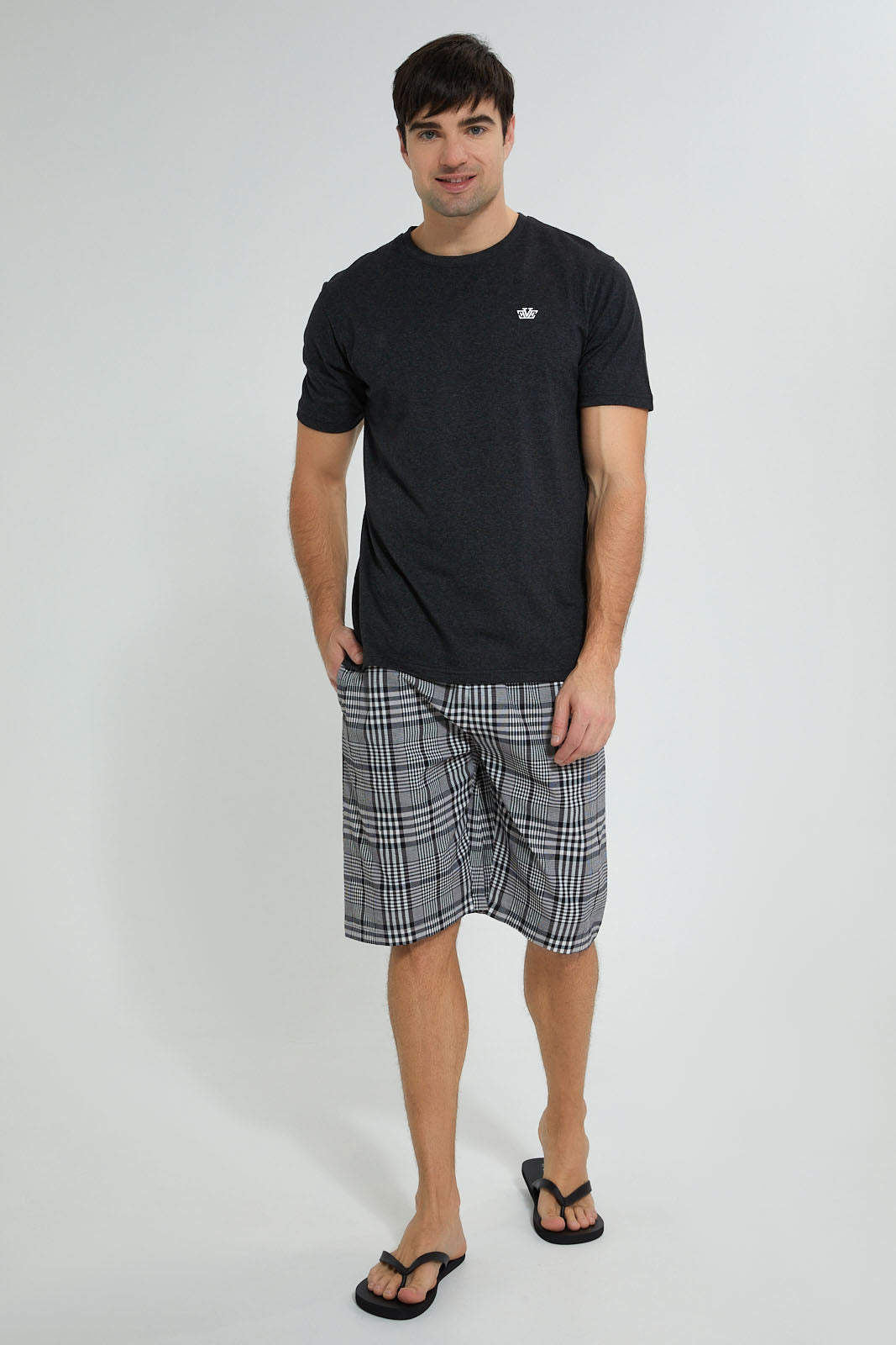 Redtag-Charcoal-T-Shirt-With-Woven-Shorts-Nightsuit-Pyjama-Sets-Men's-