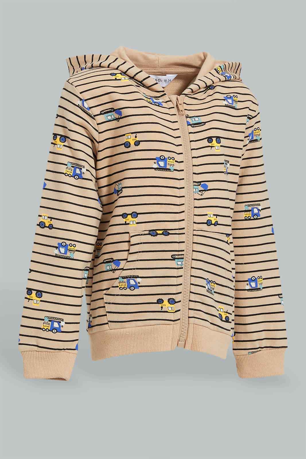 Redtag-Beige-Car-Printed-Hoody-Zipper-Sweatshirt-Sweatshirts-Infant-Boys-3 to 24 Months