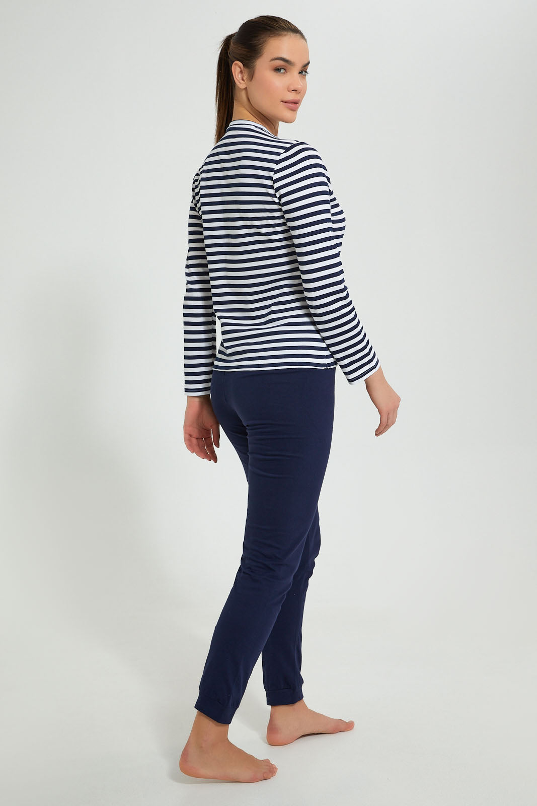 Redtag-White/Navy-Stripe-Printed-Pyjama-Set-Pyjama-Sets-Women's-