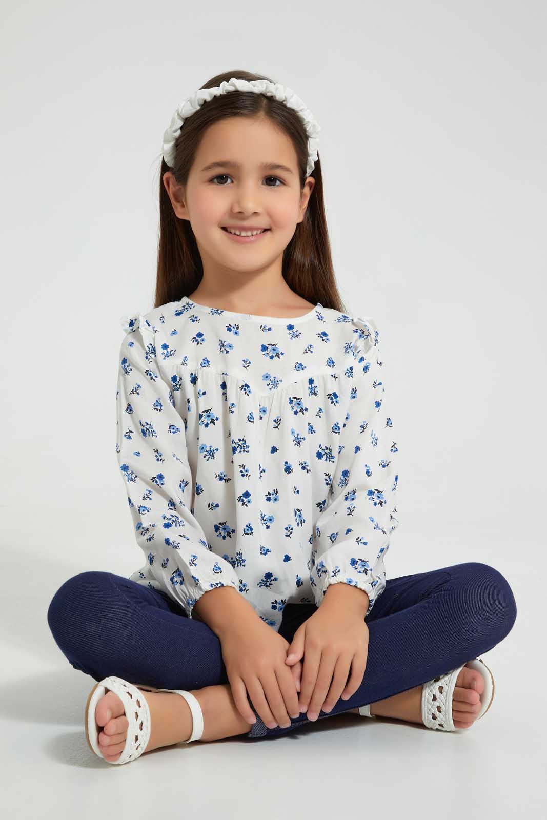Redtag-White-Aop-Long-Sleeve-Blouse-Blouses-Girls-2 to 8 Years