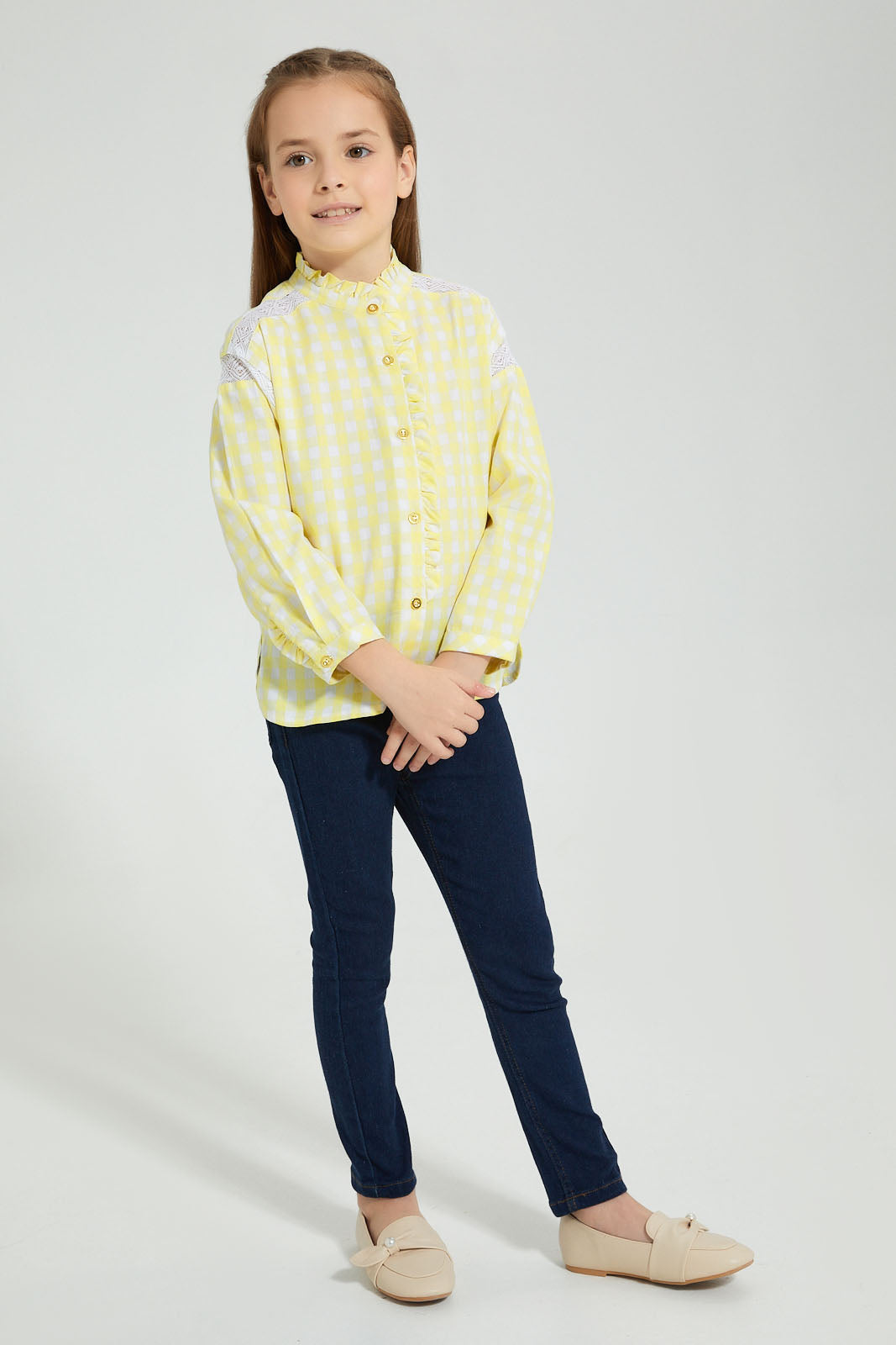 Redtag-Yellow-Check-Shirt-Blouse-Colour:Yellow,-Filter:Girls-(2-to-8-Yrs),-Girls-Blouses,-New-In,-New-In-GIR,-Non-Sale,-S22B,-Section:Kidswear-Girls-2 to 8 Years