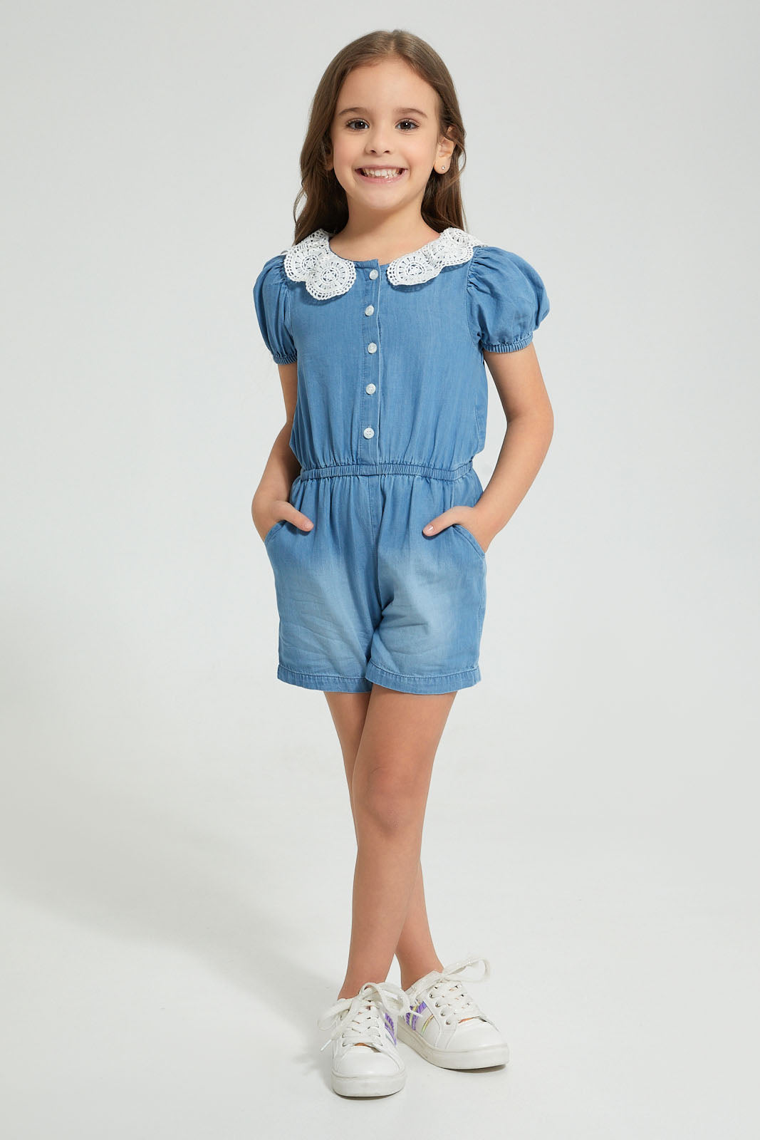 Redtag-Denim-Lace-Collar-Jumpsuit-Colour:Denim,-Filter:Girls-(2-to-8-Yrs),-Girls-Jumpsuits,-New-In,-New-In-GIR,-Non-Sale,-S22A,-Section:Kidswear-Girls-2 to 8 Years