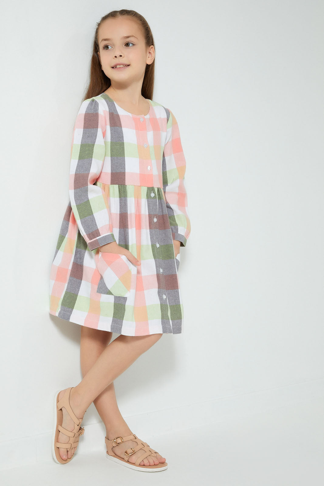Redtag-Assorted-Check-Dress-Dresses-Girls-2 to 8 Years