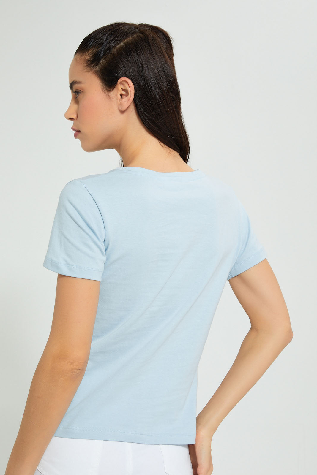 Redtag-Blue-Plain-Short-Sleeve-V-Neck-T-Shirt-Active-Tees-Women's-