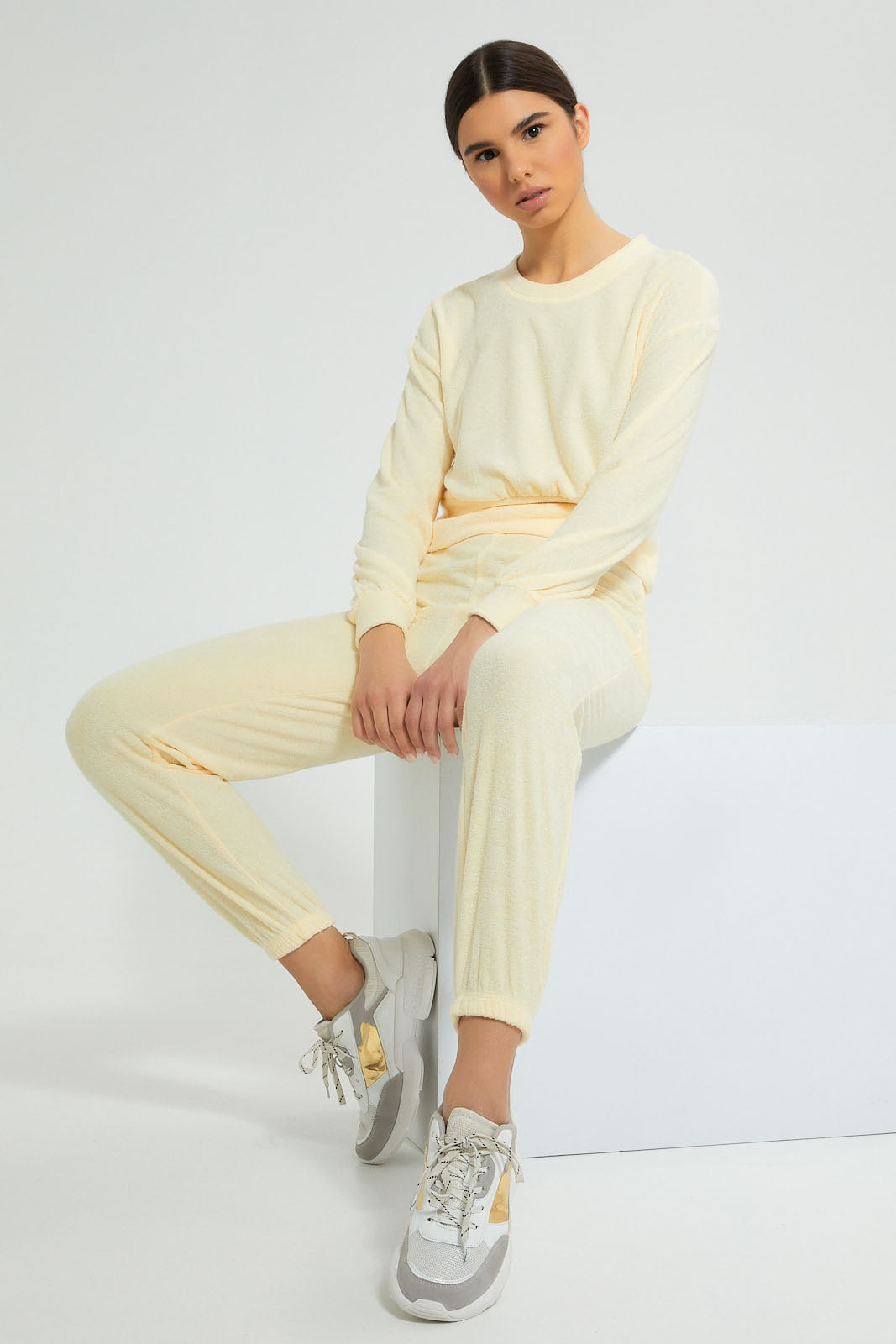 Redtag-Yellow-Crewneck-SweaT-Shirt-With-Gathers-At-Hem-&-Placement-Embroideredroidery-Loungewear-Women's-