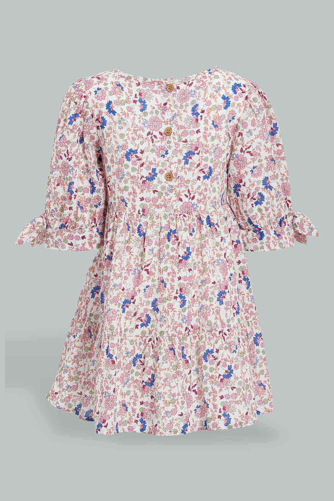 Redtag-Multi-Print-Smocking-Dress-With-Bow-Details-On-Slvs-Dresses-Infant-Girls-3 to 24 Months