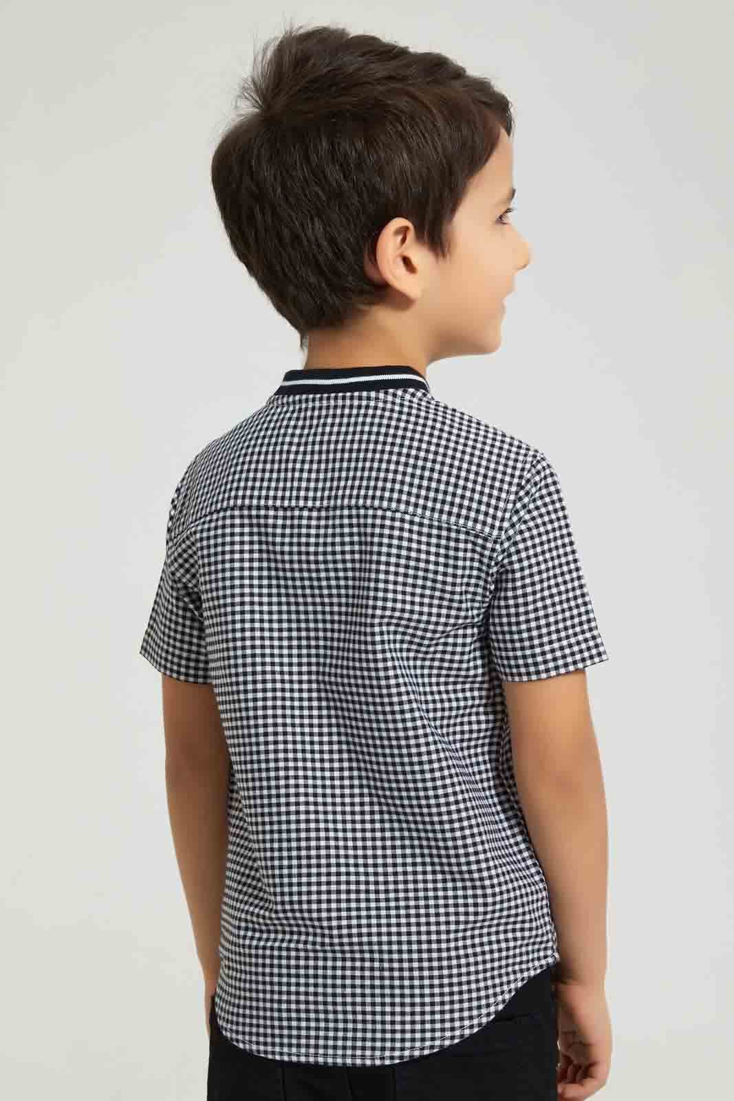 Redtag-Black-Check-Baseball-Neck-Short-Sleeve-Shirt-Casual-Shirts-Boys-2 to 8 Years