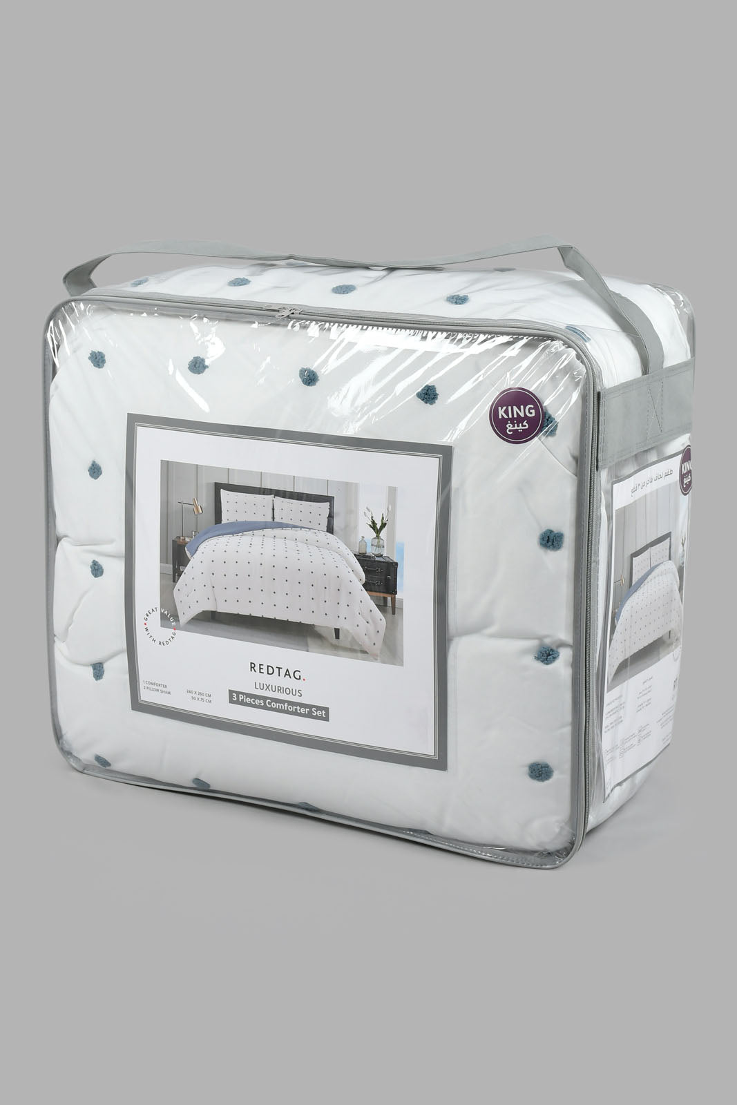 Redtag-White/Teal-Clip-Jacquard-3-Piece-Comforter-Set-(King-Size)-Comforters-Home-Bedroom-