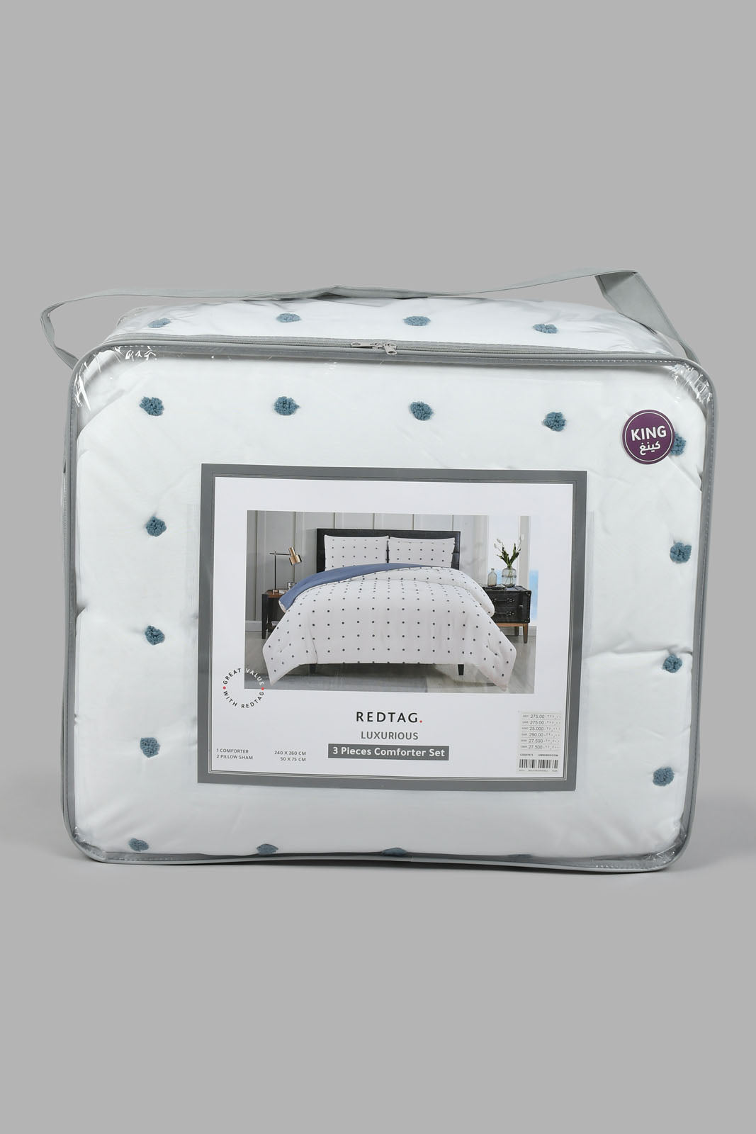 Redtag-White/Teal-Clip-Jacquard-3-Piece-Comforter-Set-(King-Size)-Comforters-Home-Bedroom-