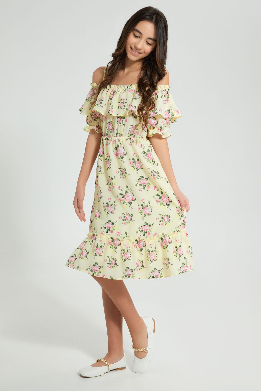 Redtag-Yellow-Floral-Off-Shoulder-Dress-Dresses-Senior-Girls-9 to 14 Years