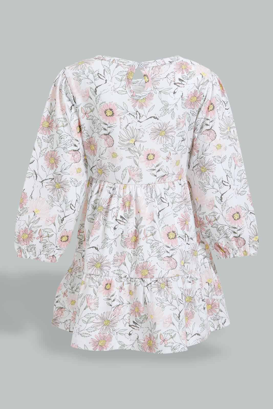 Redtag-White-Long-Sleeve-Floral-Printed-Knit-Dress-Dresses-Infant-Girls-3 to 24 Months