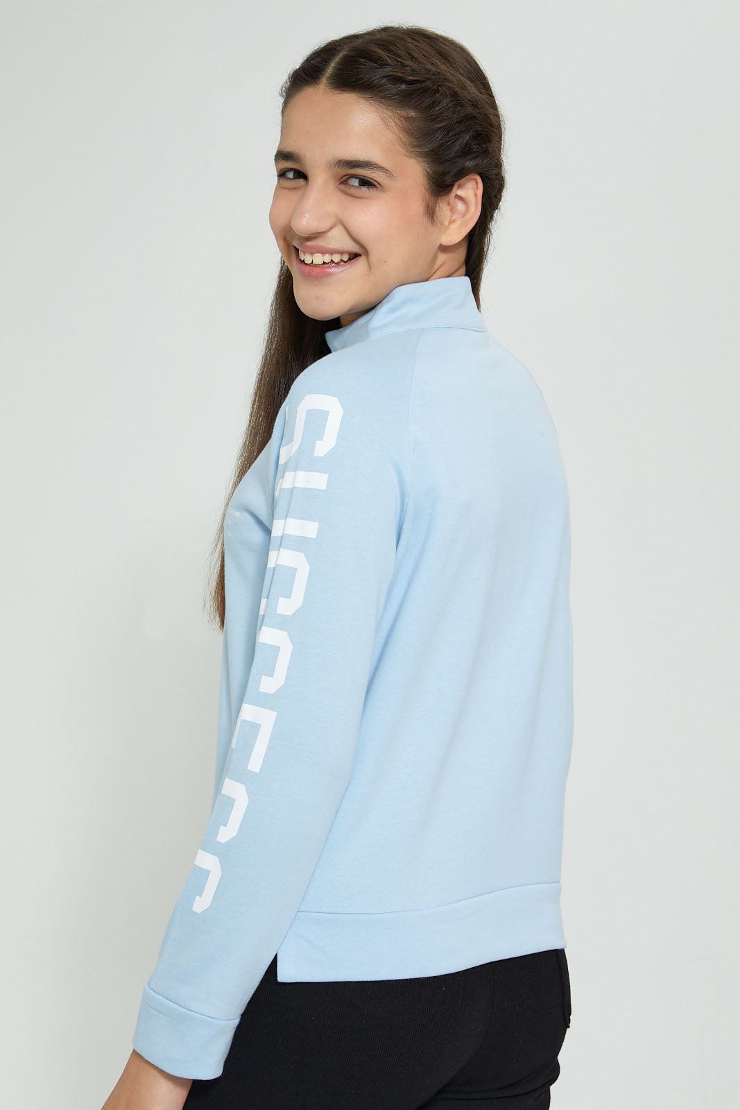 Redtag-Lt-Blue-High-Neck-Sweatshirt-Active-Sweatshirts-Senior-Girls-9 to 14 Years