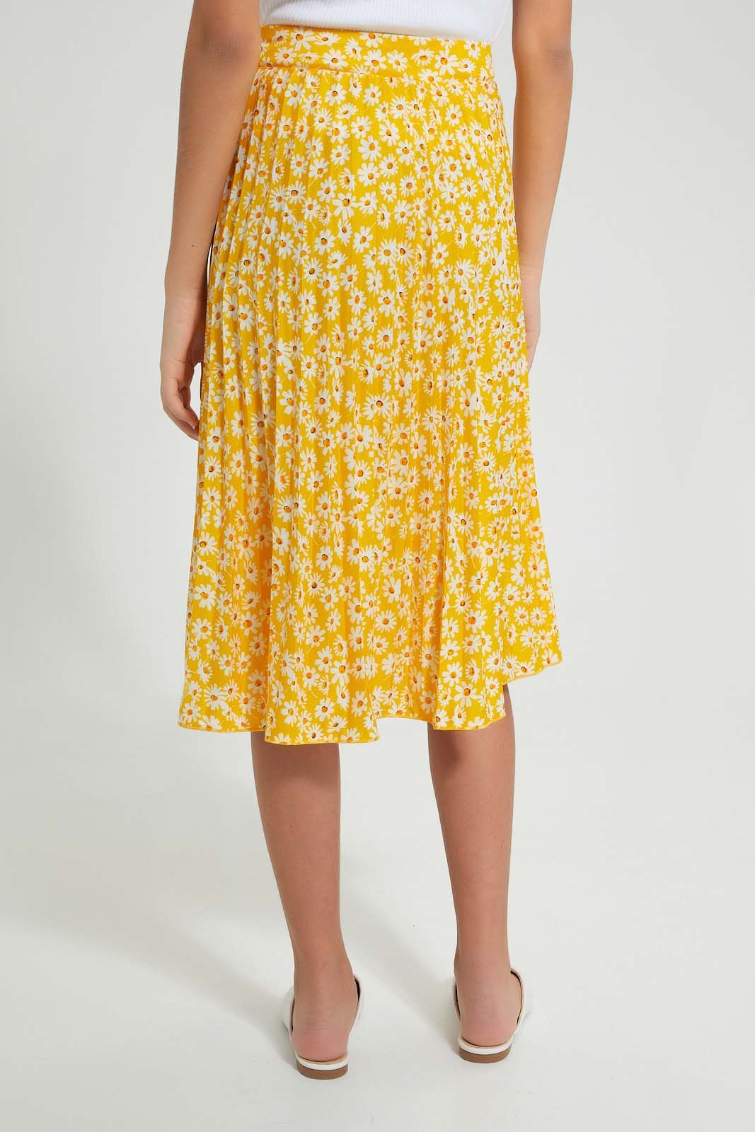 Redtag-Yellow-Floral-Pleated-Skirt-Skirts-Senior-Girls-9 to 14 Years