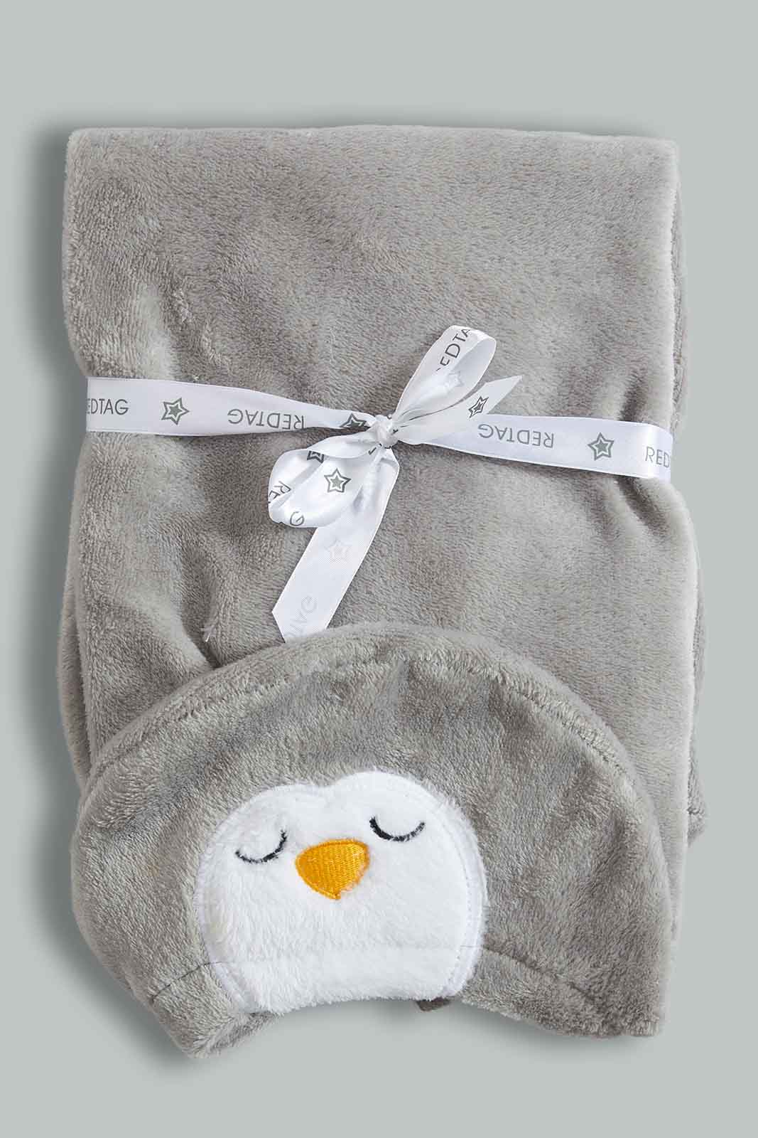 Redtag-Grey-Penguin-Hooded-Blanket-Baby-Blankets-Baby-0 to 12 Months