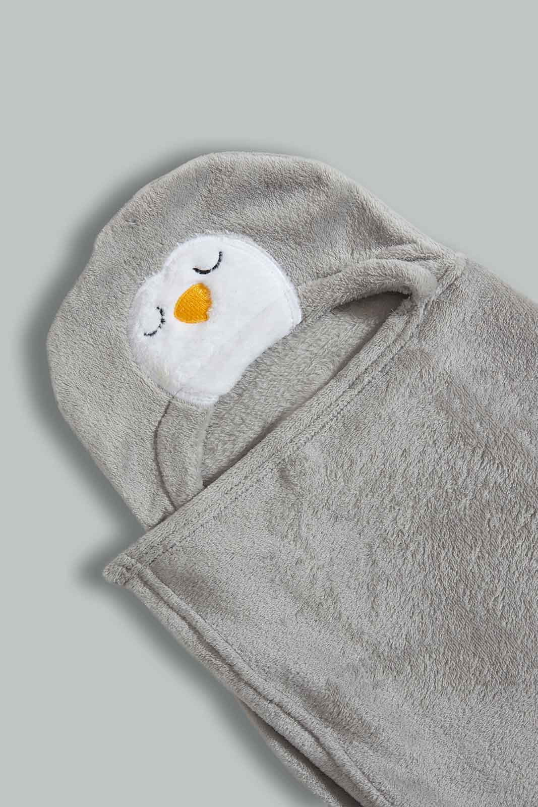 Redtag-Grey-Penguin-Hooded-Blanket-Baby-Blankets-Baby-0 to 12 Months
