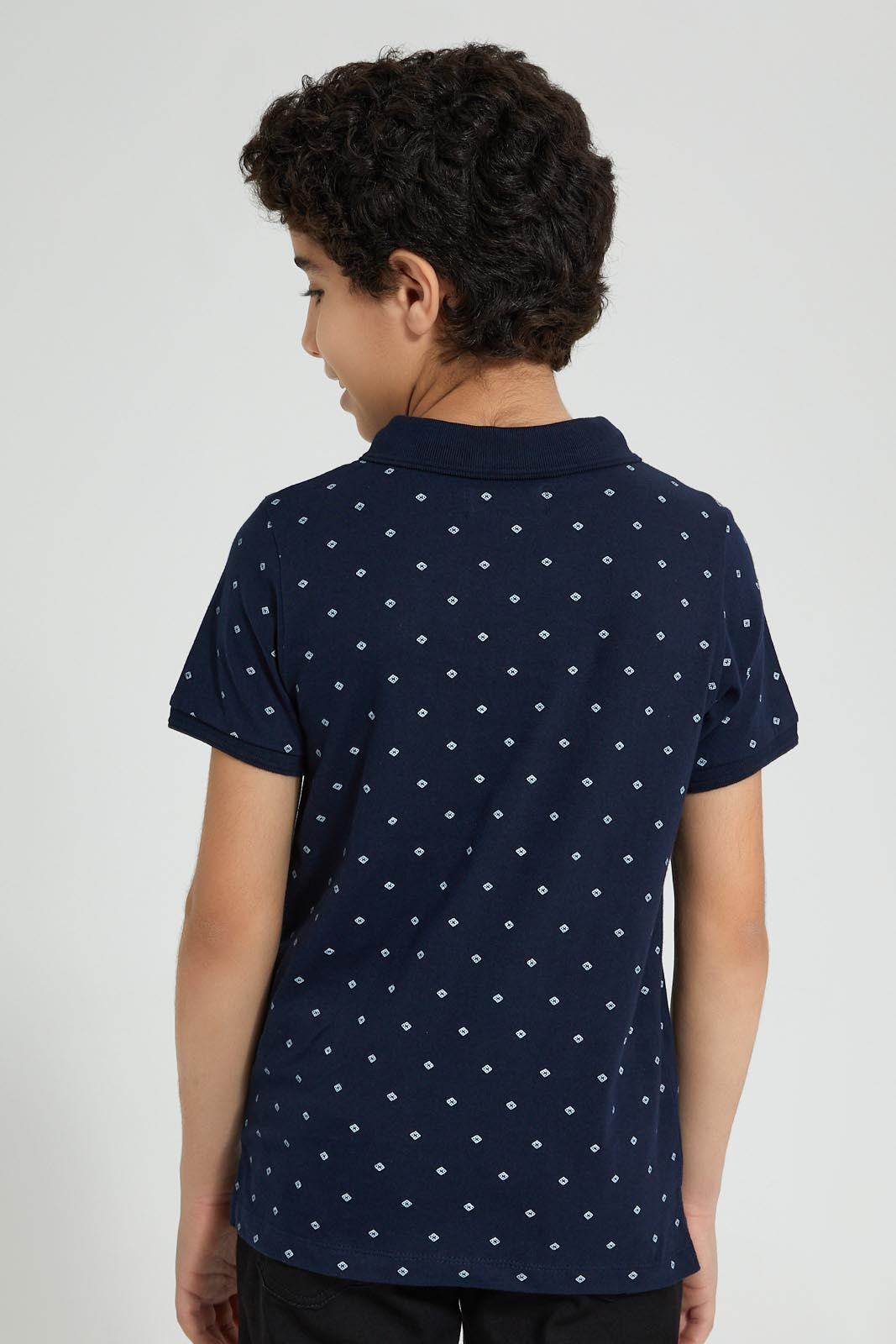 Redtag-Navy-Allover-Print-Polo-Polo-Shirts-Senior-Boys-9 to 14 Years