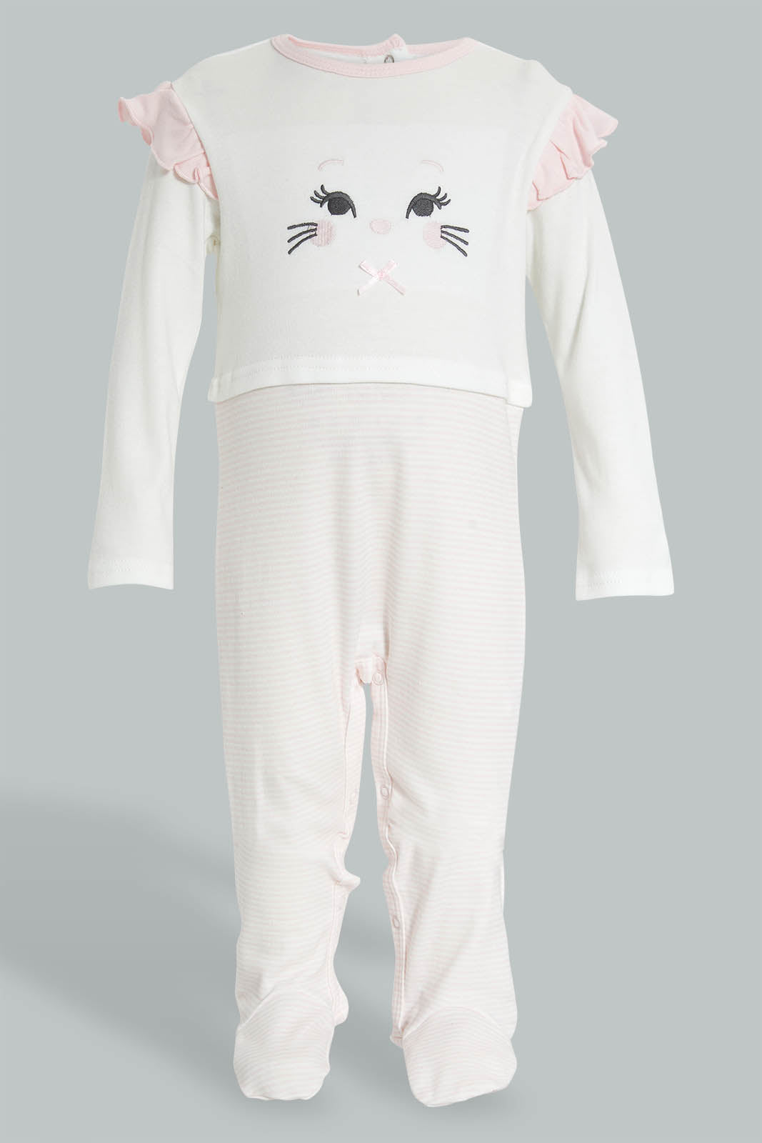 Redtag-White-And-Pink-Kitten-Face-Cut-&-Sewn-Sleepsuit-Sleepsuits-Baby-0 to 12 Months