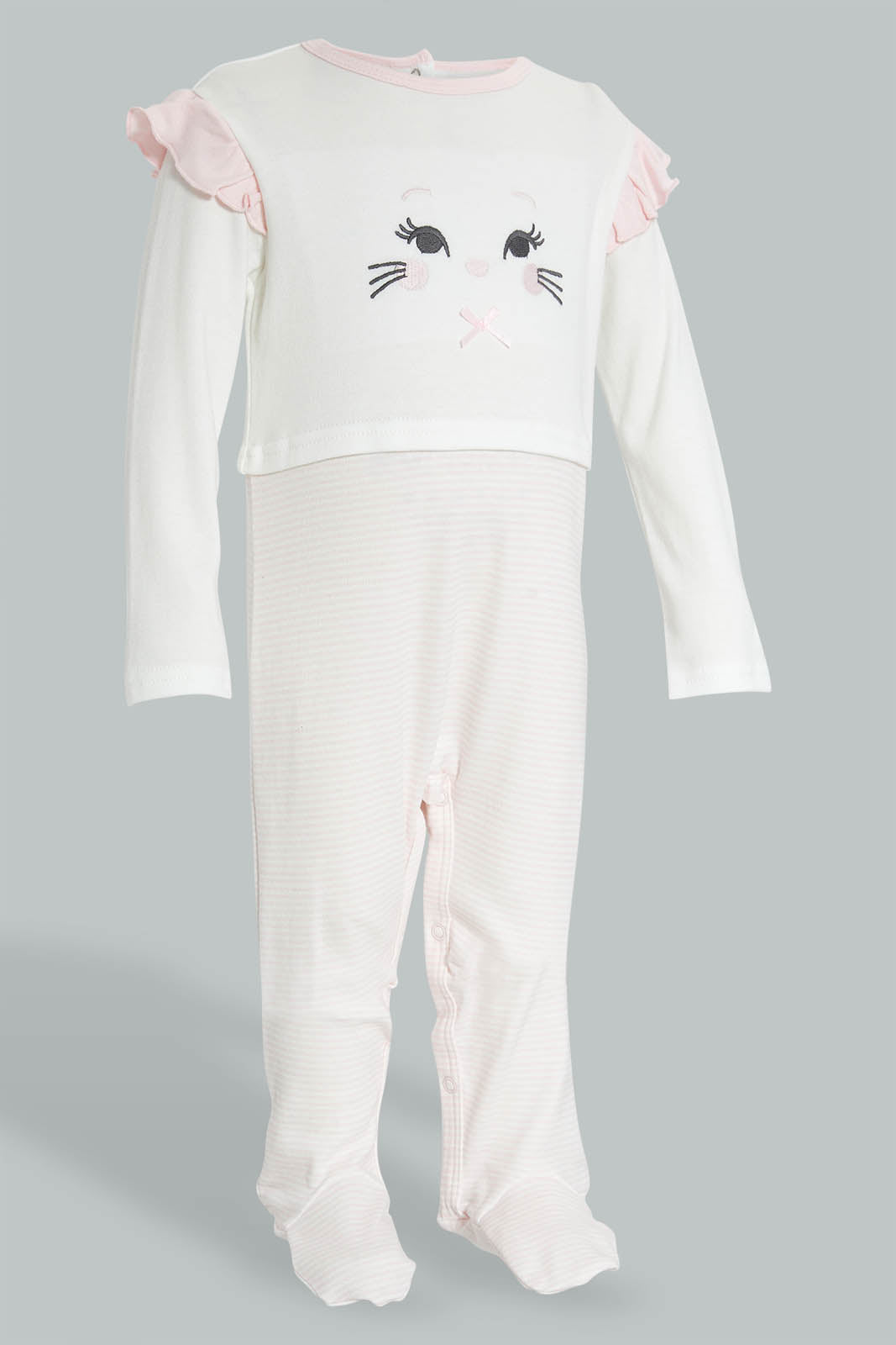 Redtag-White-And-Pink-Kitten-Face-Cut-&-Sewn-Sleepsuit-Sleepsuits-Baby-0 to 12 Months