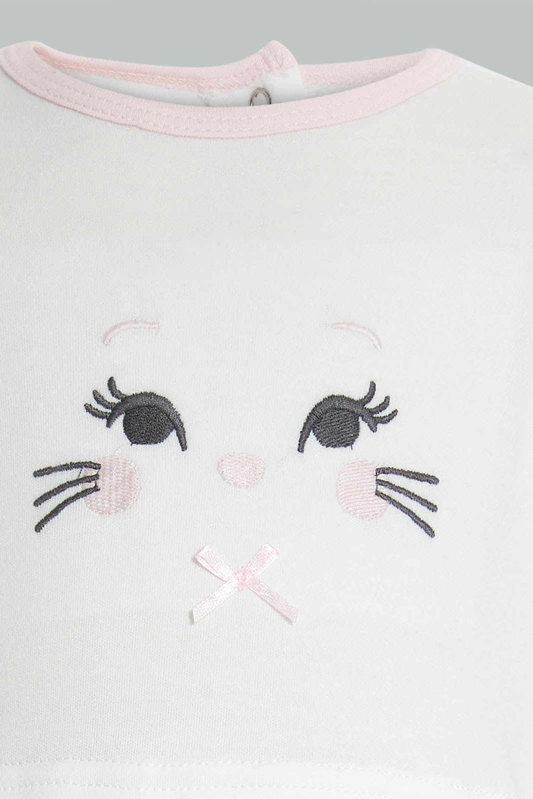 Redtag-White-And-Pink-Kitten-Face-Cut-&-Sewn-Sleepsuit-Sleepsuits-Baby-0 to 12 Months