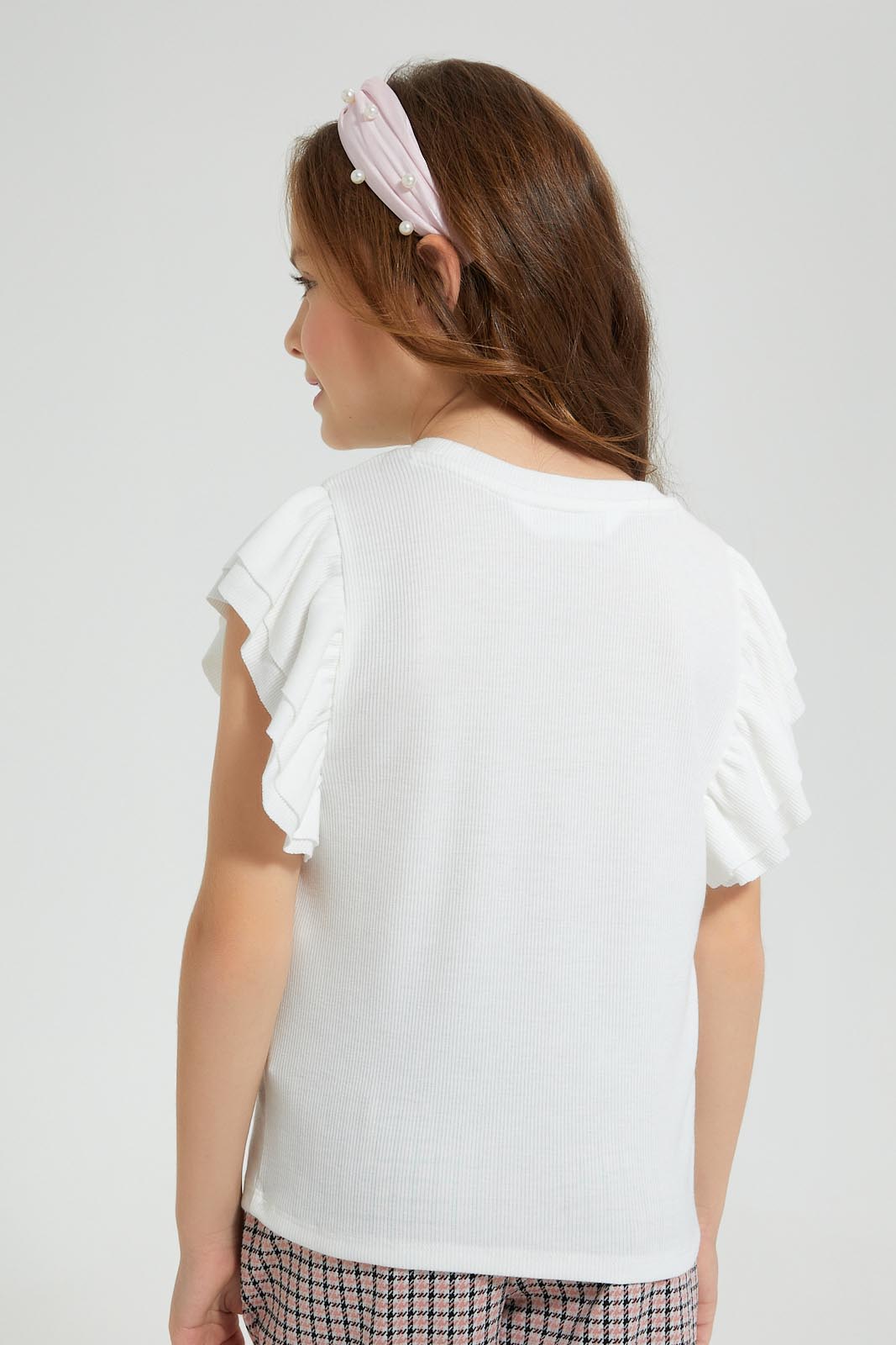 Redtag-White-Rib-Fabric-Frill-Sleeve-T-Shirt-Colour:White,-Filter:Girls-(2-to-8-Yrs),-Girls-T-Shirts,-New-In,-New-In-GIR,-Non-Sale,-S22B,-Section:Kidswear,-TBL-Girls-2 to 8 Years