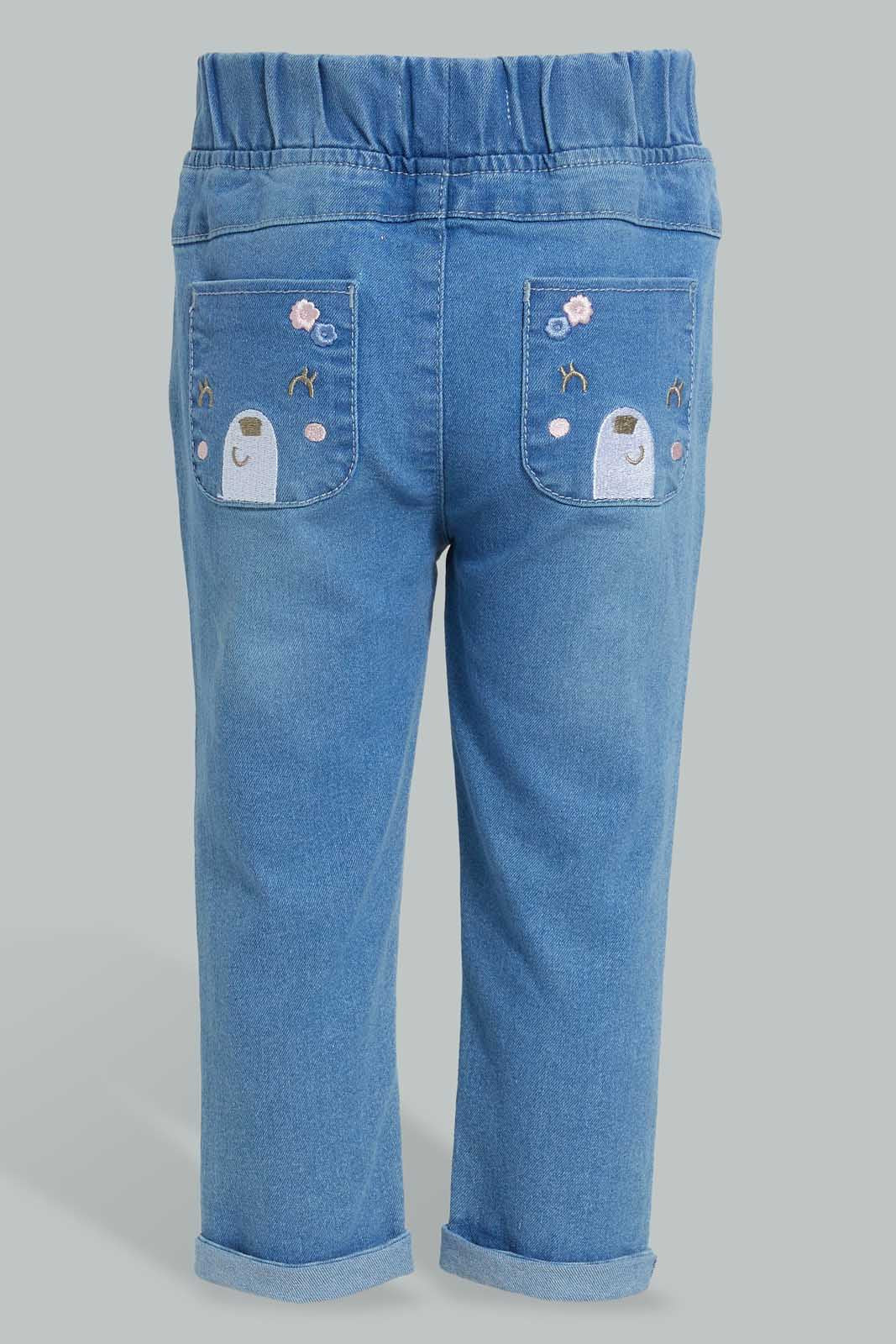 Redtag-Light-Wash-Pull-On-Denim-With-Drawcord-Details-Jeans-Slim-Fit-Infant-Girls-3 to 24 Months