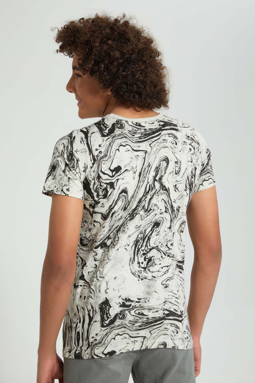 Redtag-Grey-Mel-Allover-Print-T-Shirt-All-Over-Prints-Senior-Boys-9 to 14 Years