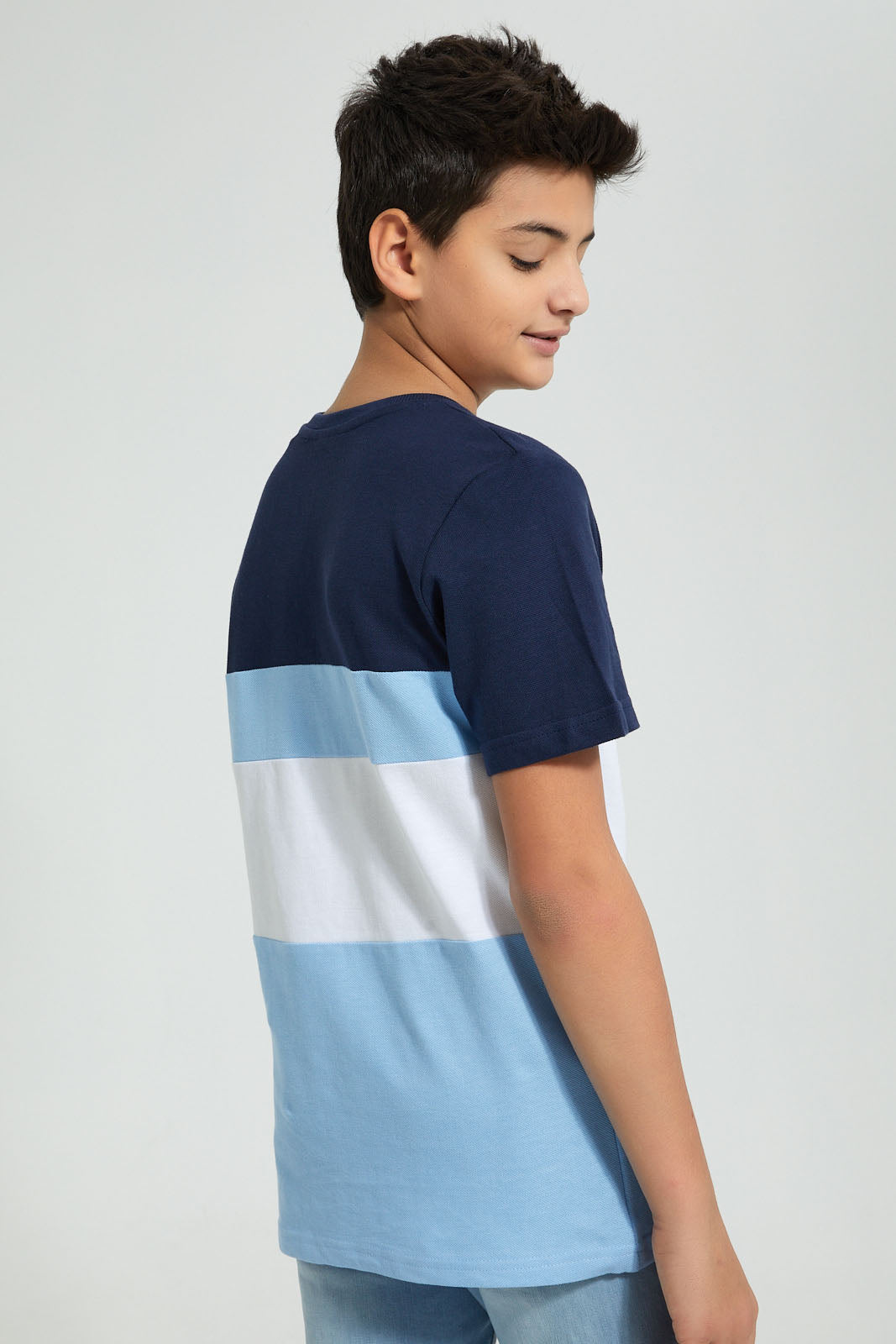 Redtag-Navy-Color-Block-T-Shirt-All-Over-Prints-Senior-Boys-9 to 14 Years