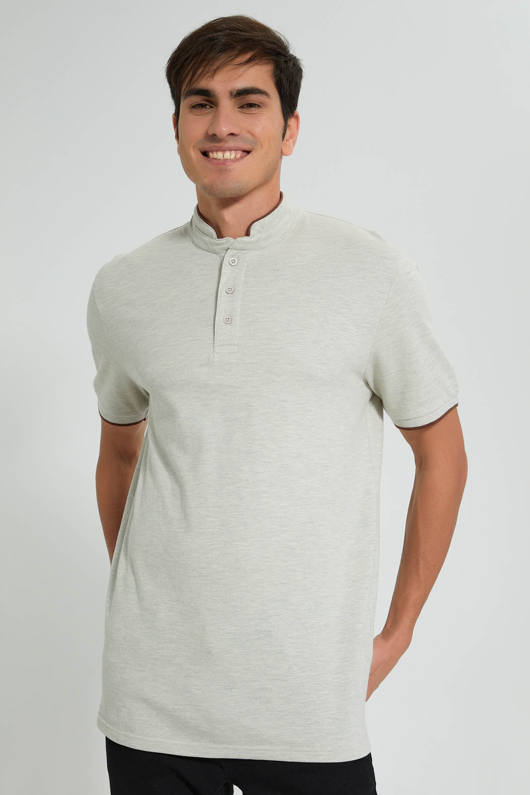 Redtag-Ecru-Standup-Collar-Polo-Shirt-Polo-Shirts-Men's-