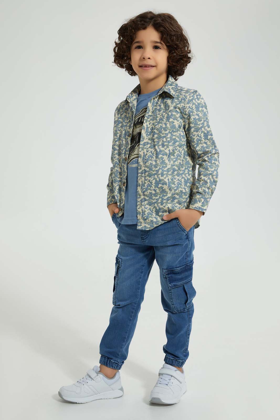 Redtag-Blue-Printed-Shirt-And-T-Shirt-Set-Casual-Shirts-Boys-2 to 8 Years