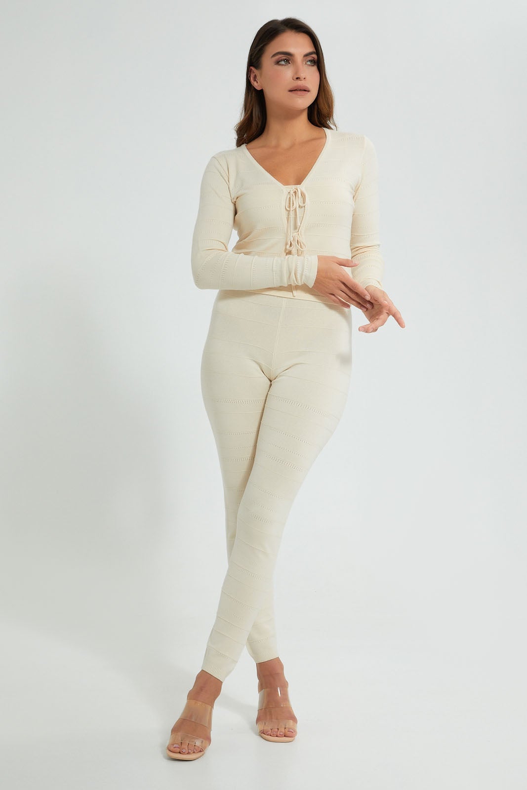 Beige V-Neck Front Tie Cardigan