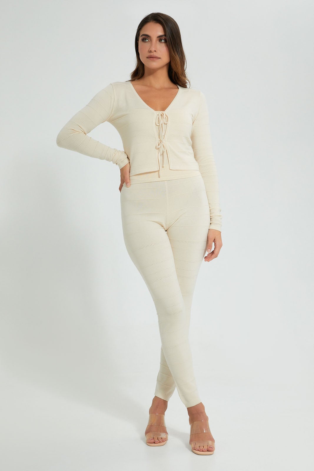 Beige V-Neck Front Tie Cardigan