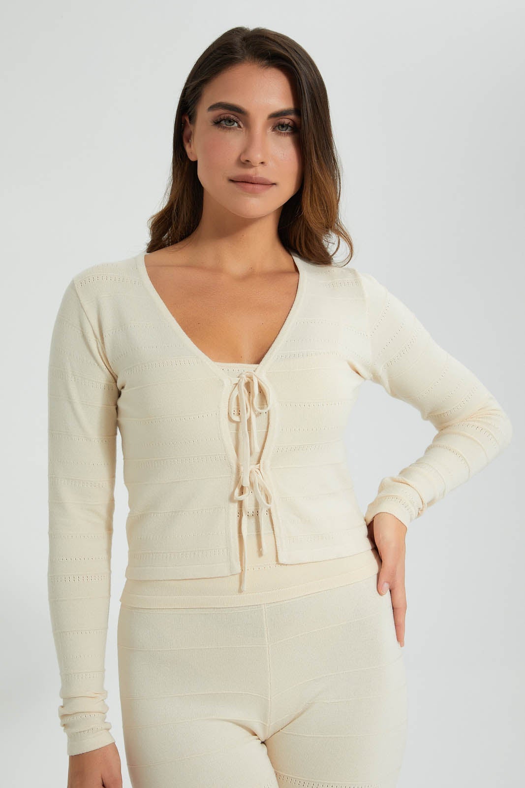 Beige V-Neck Front Tie Cardigan