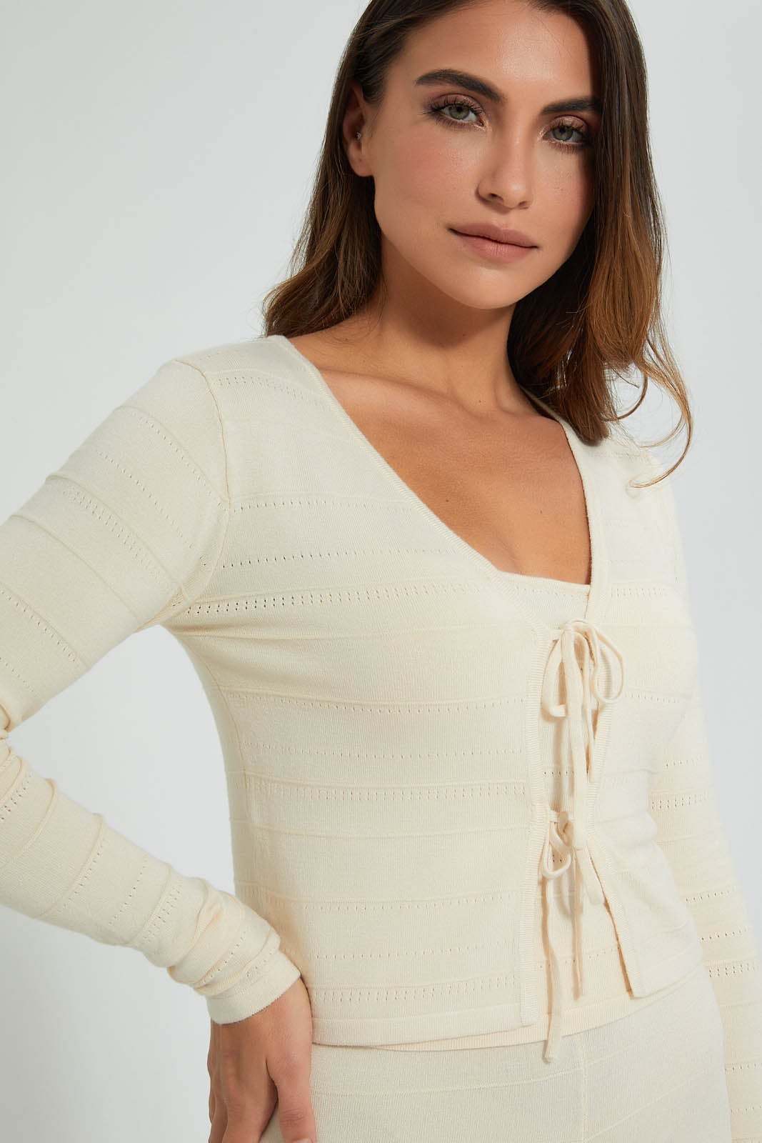 Beige V-Neck Front Tie Cardigan
